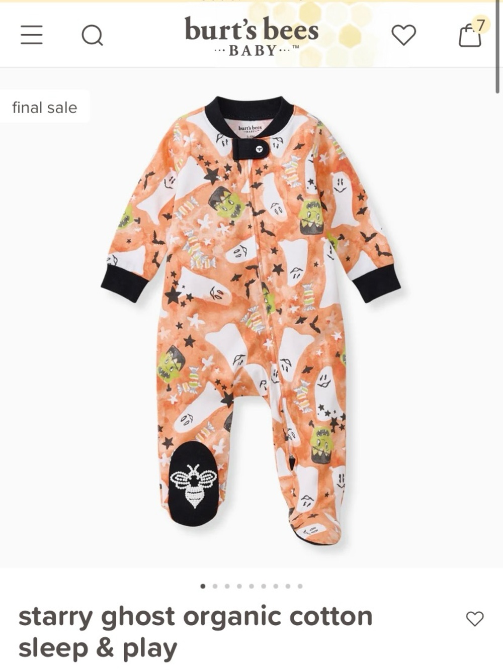 Burt's Bees Baby Halloween Orange Ghost & Star Organic Cotton Footed One-Piece